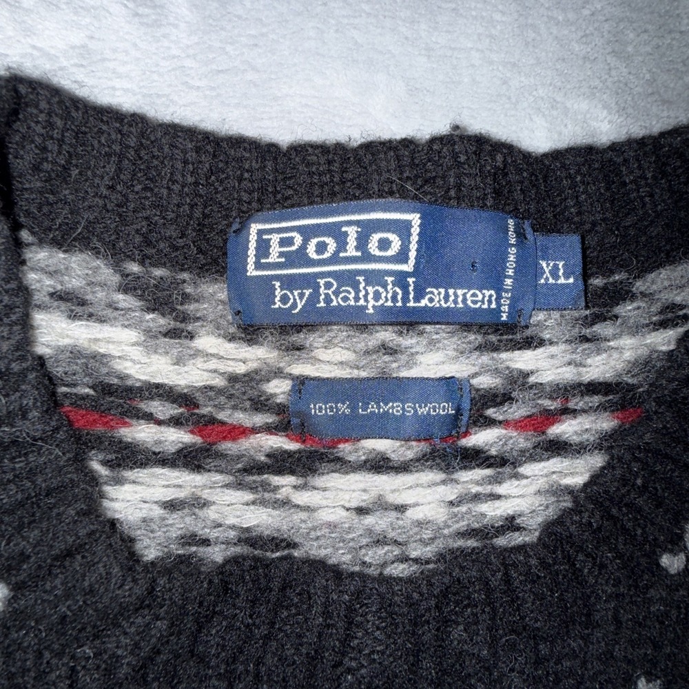 Vintage Polo Ralph Lauren Sweater Mens XL Black Gray Fair Isle Lambswool 90s - Picture 3 of 7